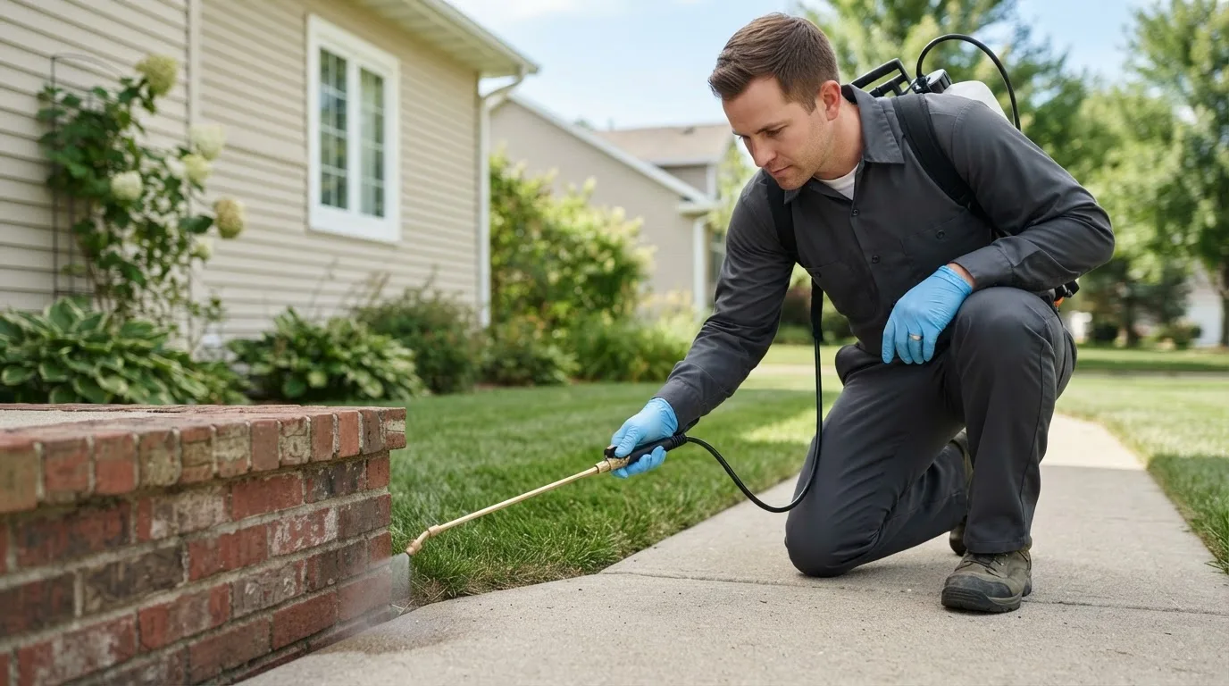 Pest control technician treating a home near Selmer, TN
